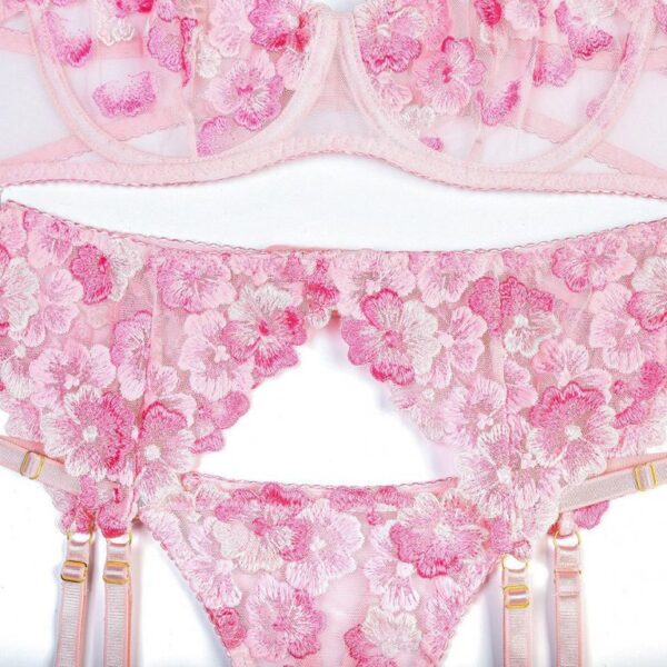 3PC Set Bra, Panty, Garter - Pink - Large - Image 5